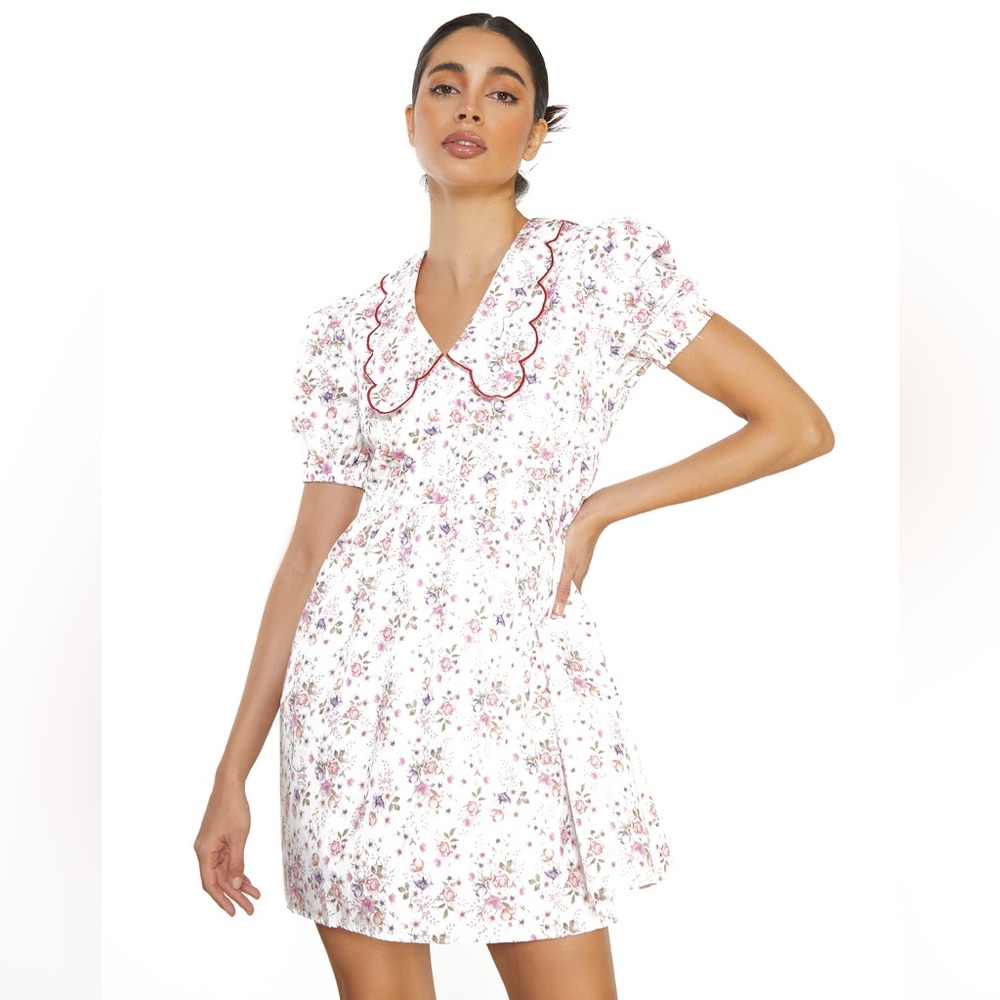 Glamorous White Vintage Flower Collar Short Sleeve Mini Dress
